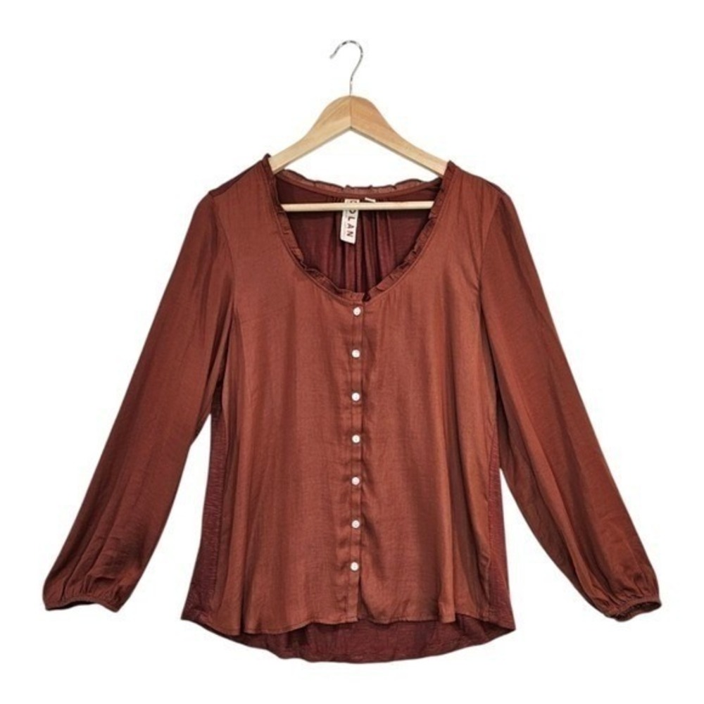 Dolan Womens Rust Blouse M Button Front Ruffle Neck Long Sleeve Boho Peasant Top